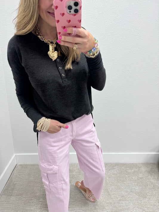 Black Waffle Long Sleeve Henley Top