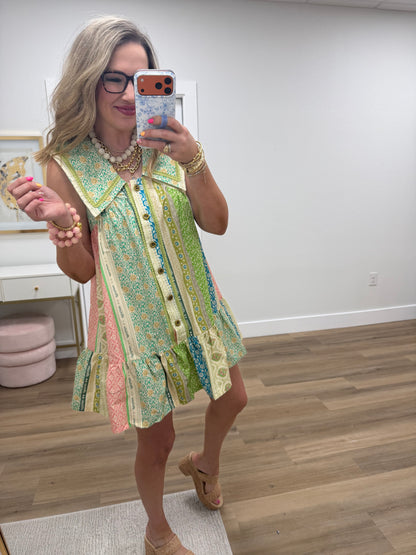 Green Mix Floral Gold Button Ruffle Dress