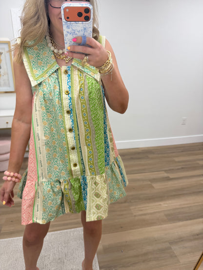 Green Mix Floral Gold Button Ruffle Dress
