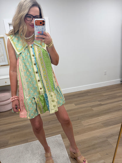 Green Mix Floral Gold Button Ruffle Dress