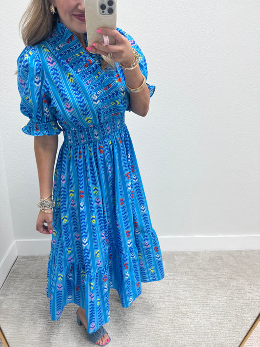 Sky Blue Mix High Neck Ruffle Dress