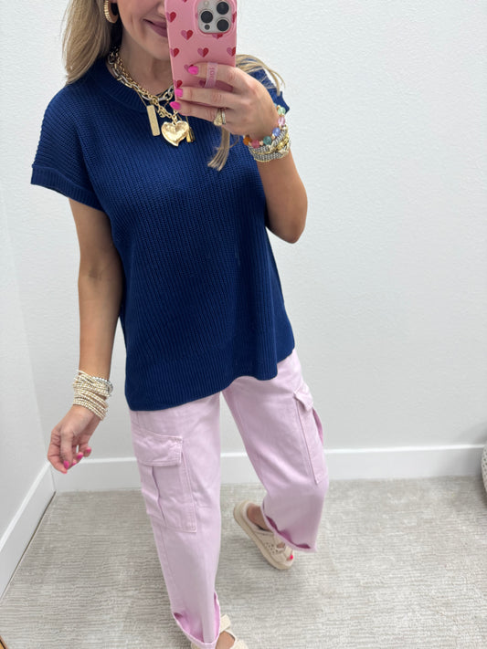 Navy Knit Short Sleeve Top