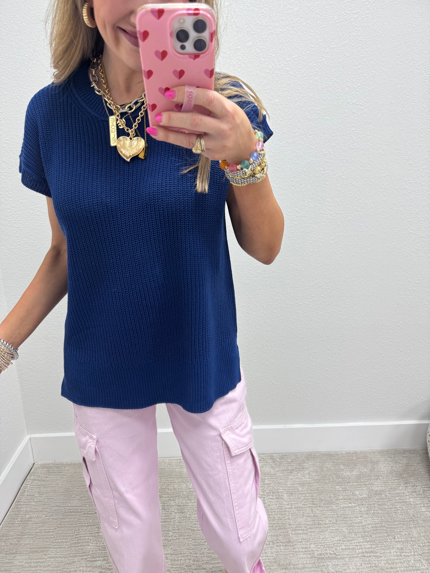 Navy Knit Short Sleeve Top