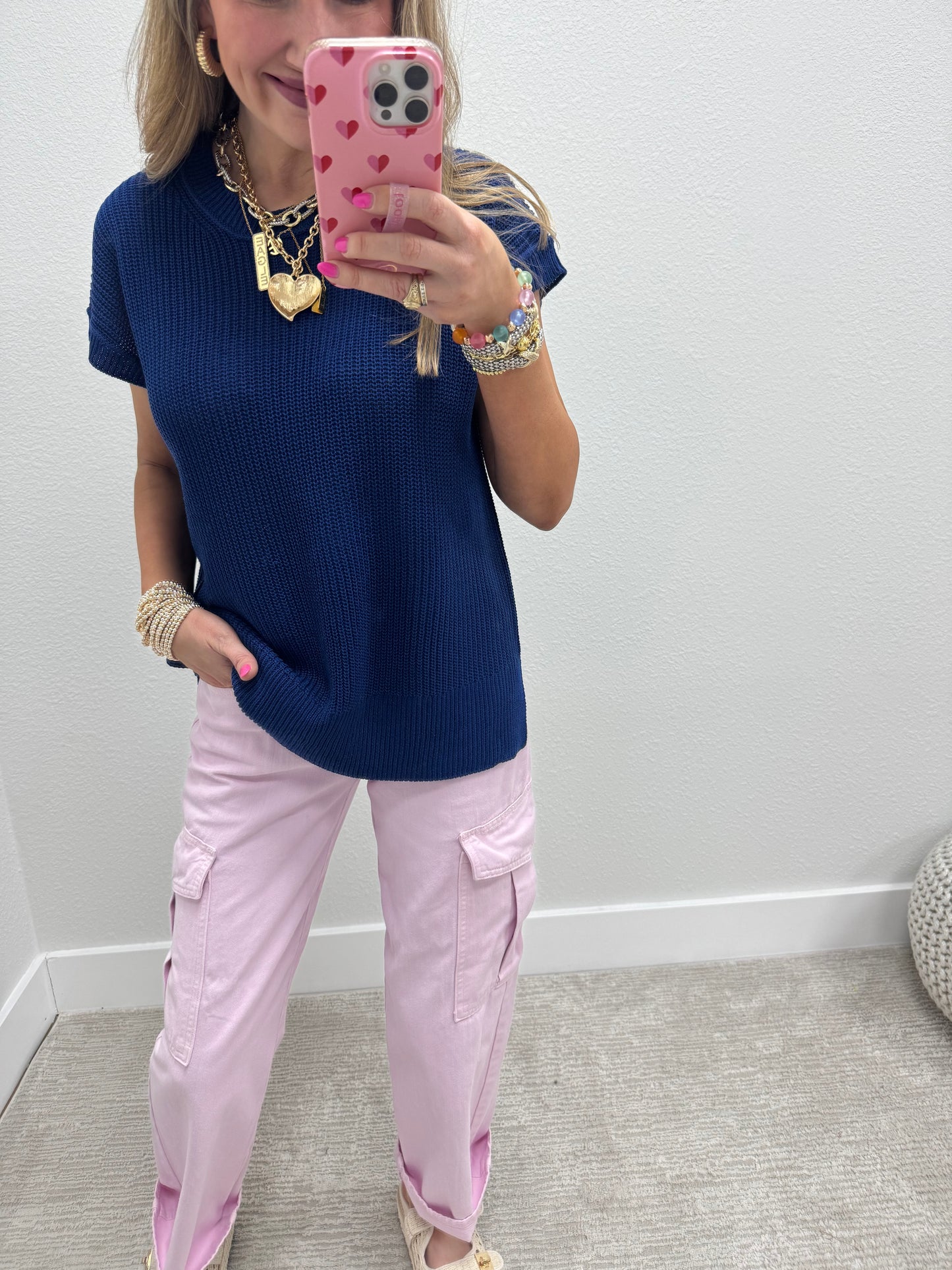Navy Knit Short Sleeve Top