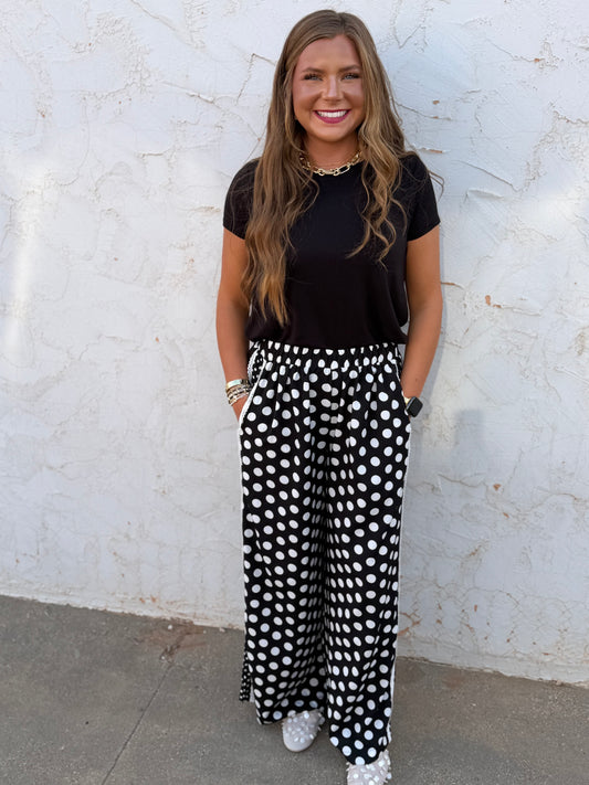 Black Polka Dot Wide Leg Flowy Pants
