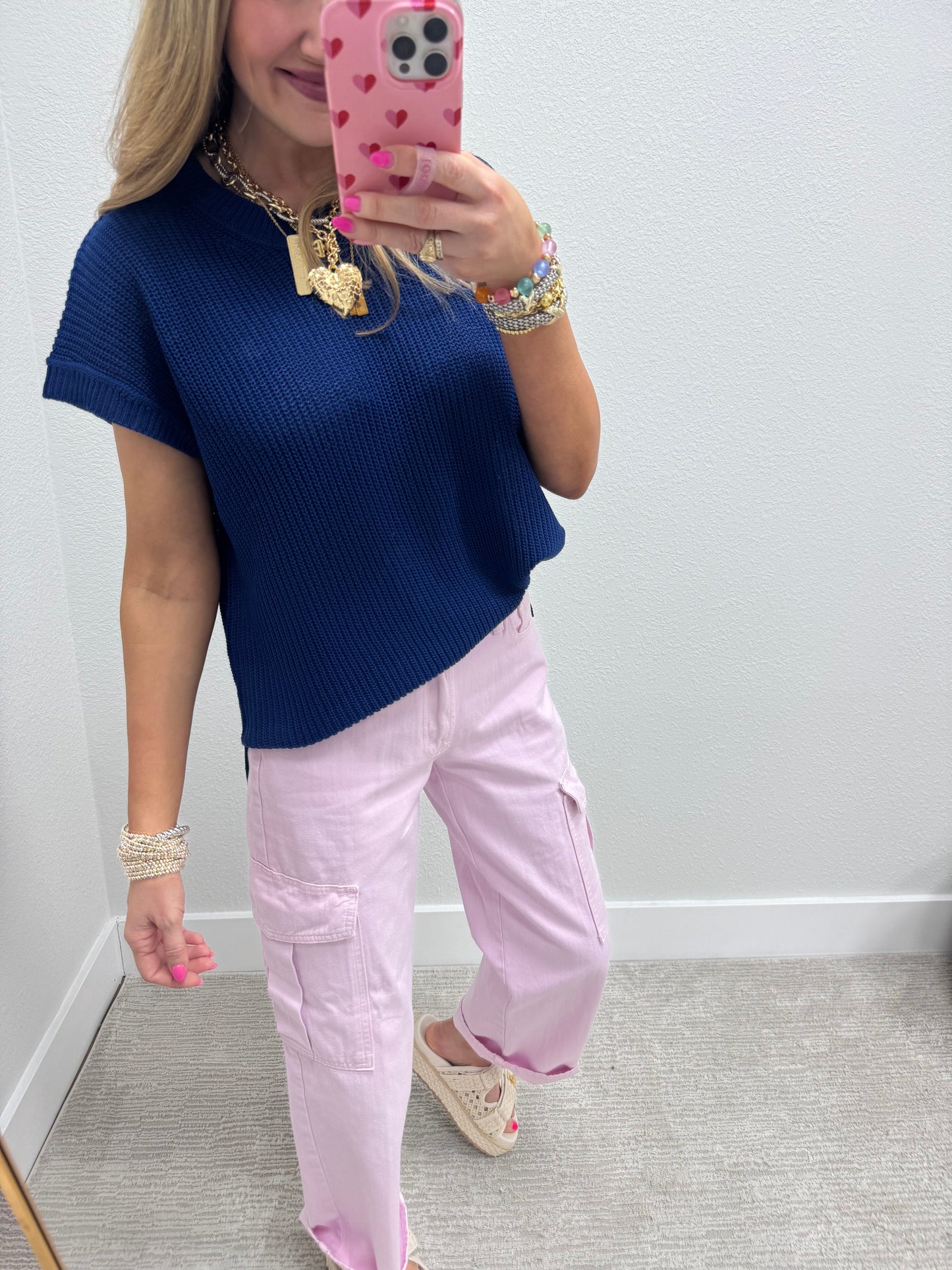 Navy Knit Short Sleeve Top