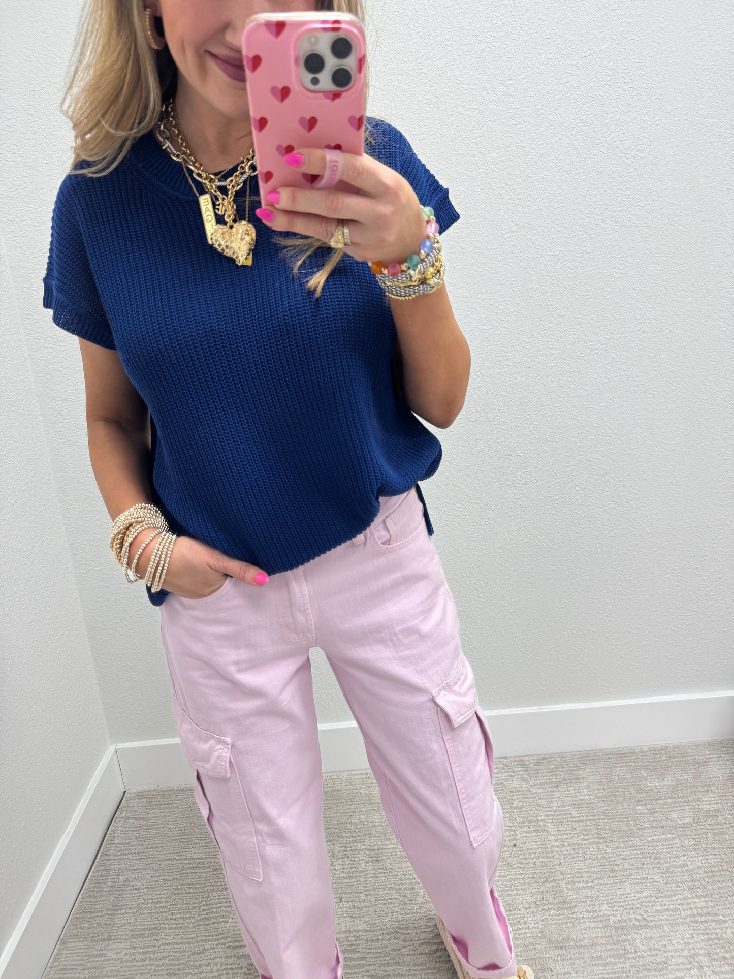 Navy Knit Short Sleeve Top