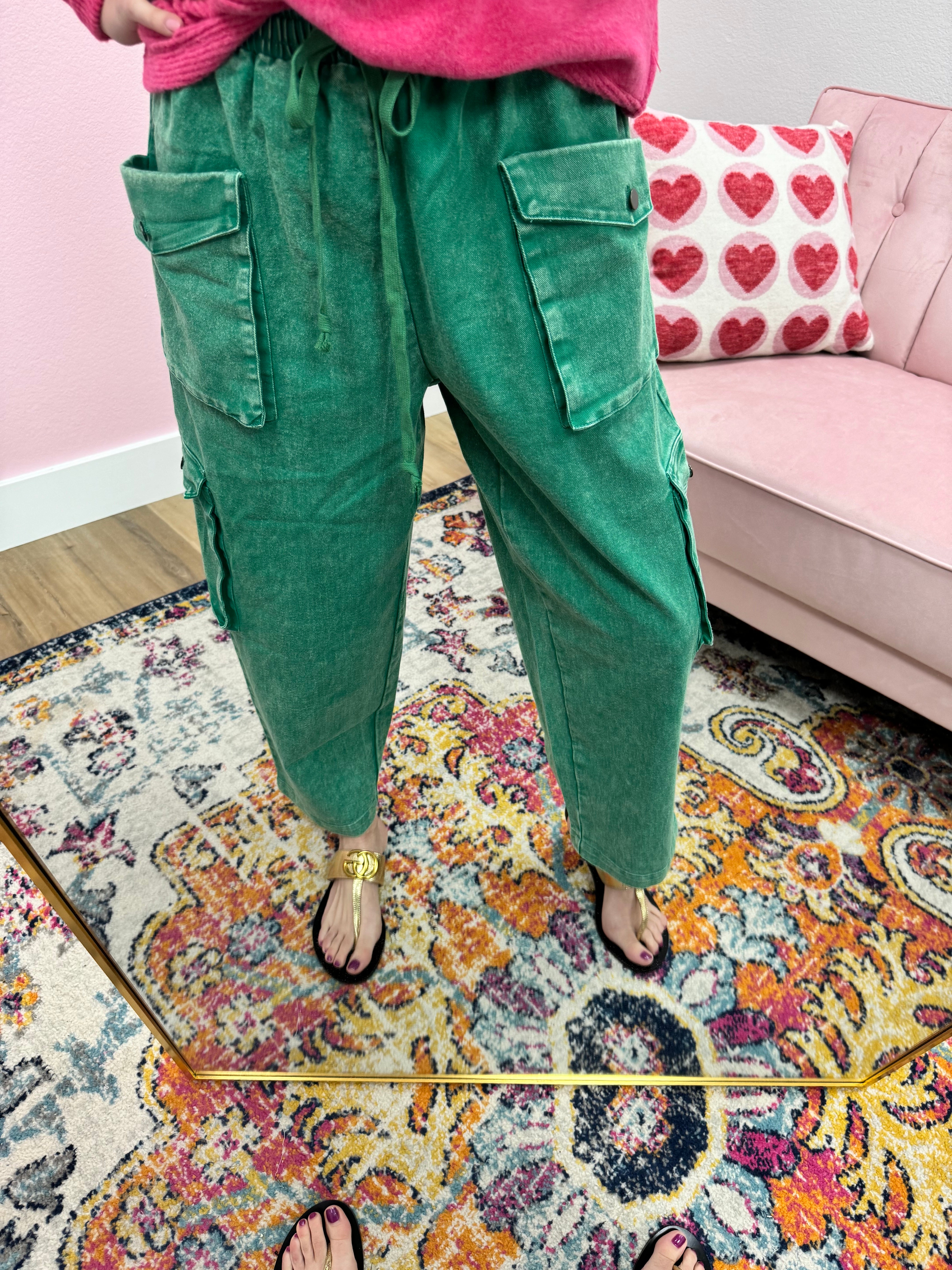 Green Denim Elastic Waist Cargo Pants