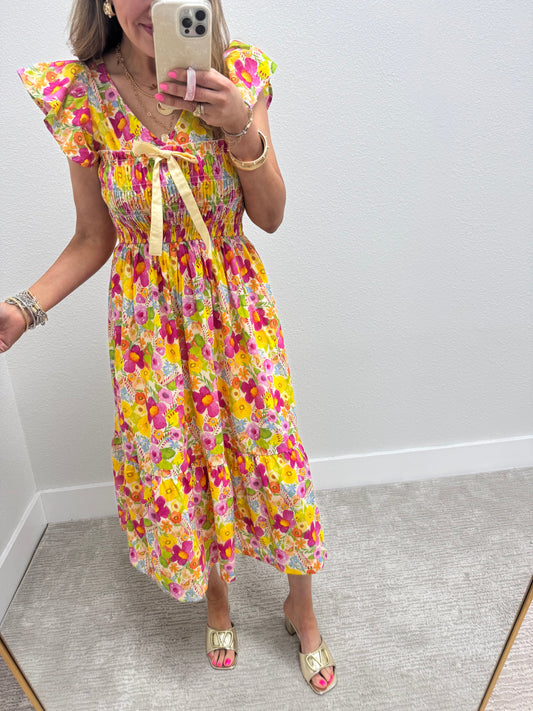Yellow Mix Smocked Floral Ruffle Midi Dress