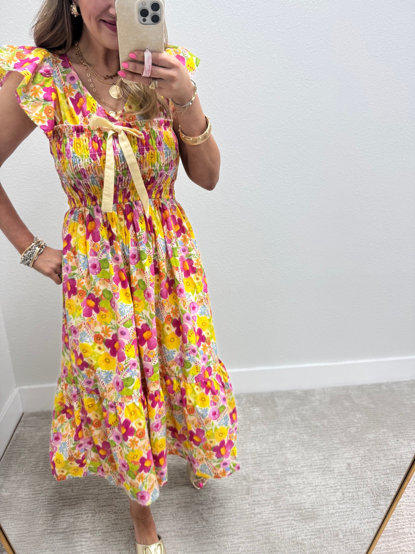 Yellow Mix Smocked Floral Ruffle Midi Dress