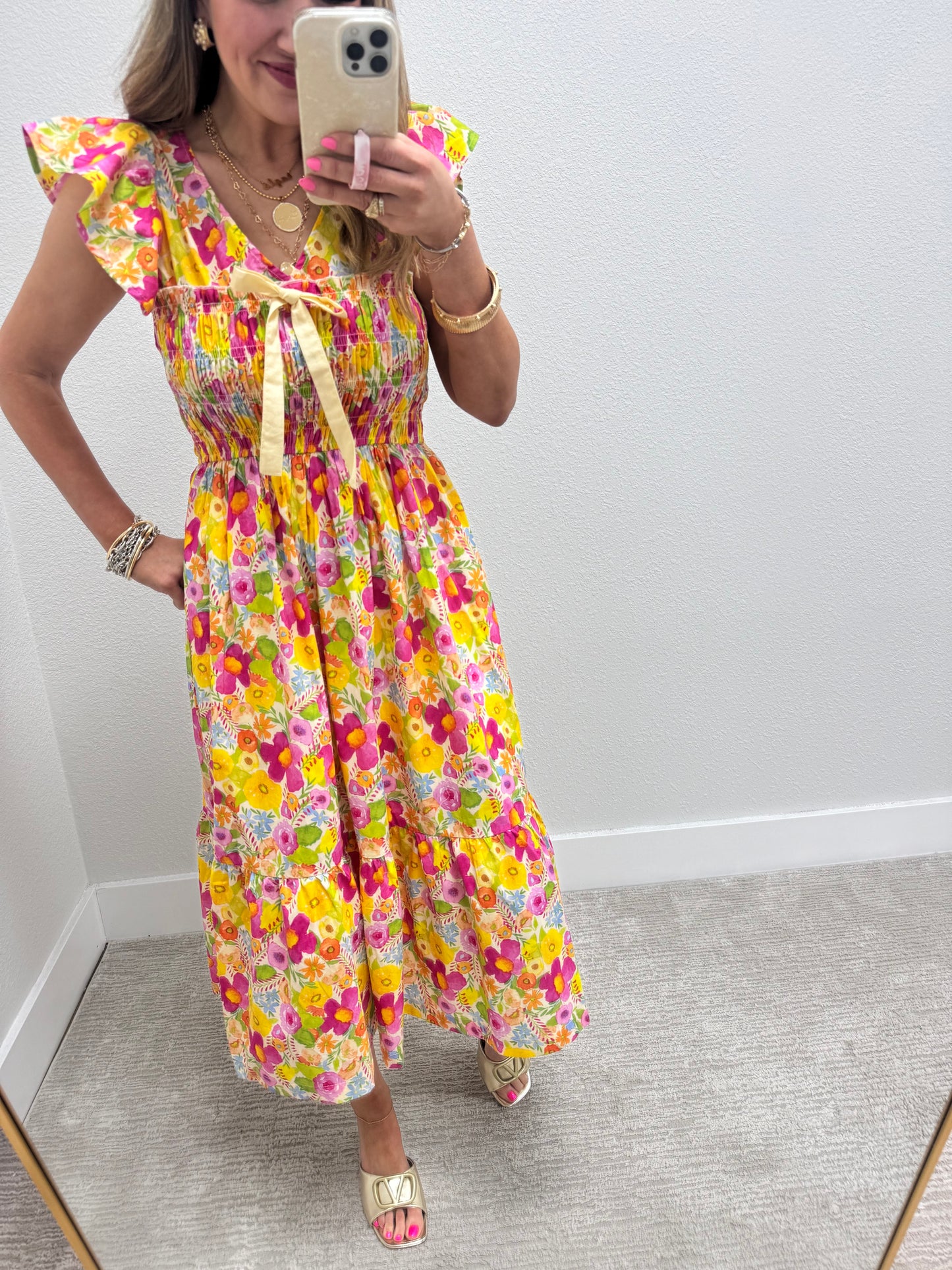 Yellow Mix Smocked Floral Ruffle Midi Dress