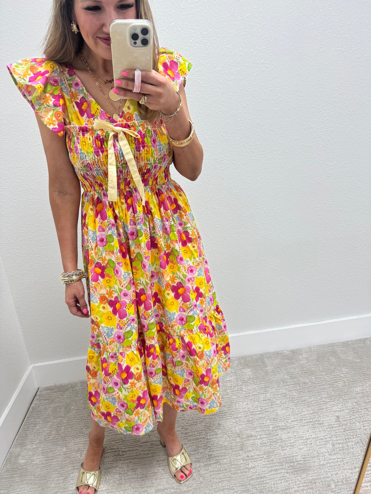 Yellow Mix Smocked Floral Ruffle Midi Dress