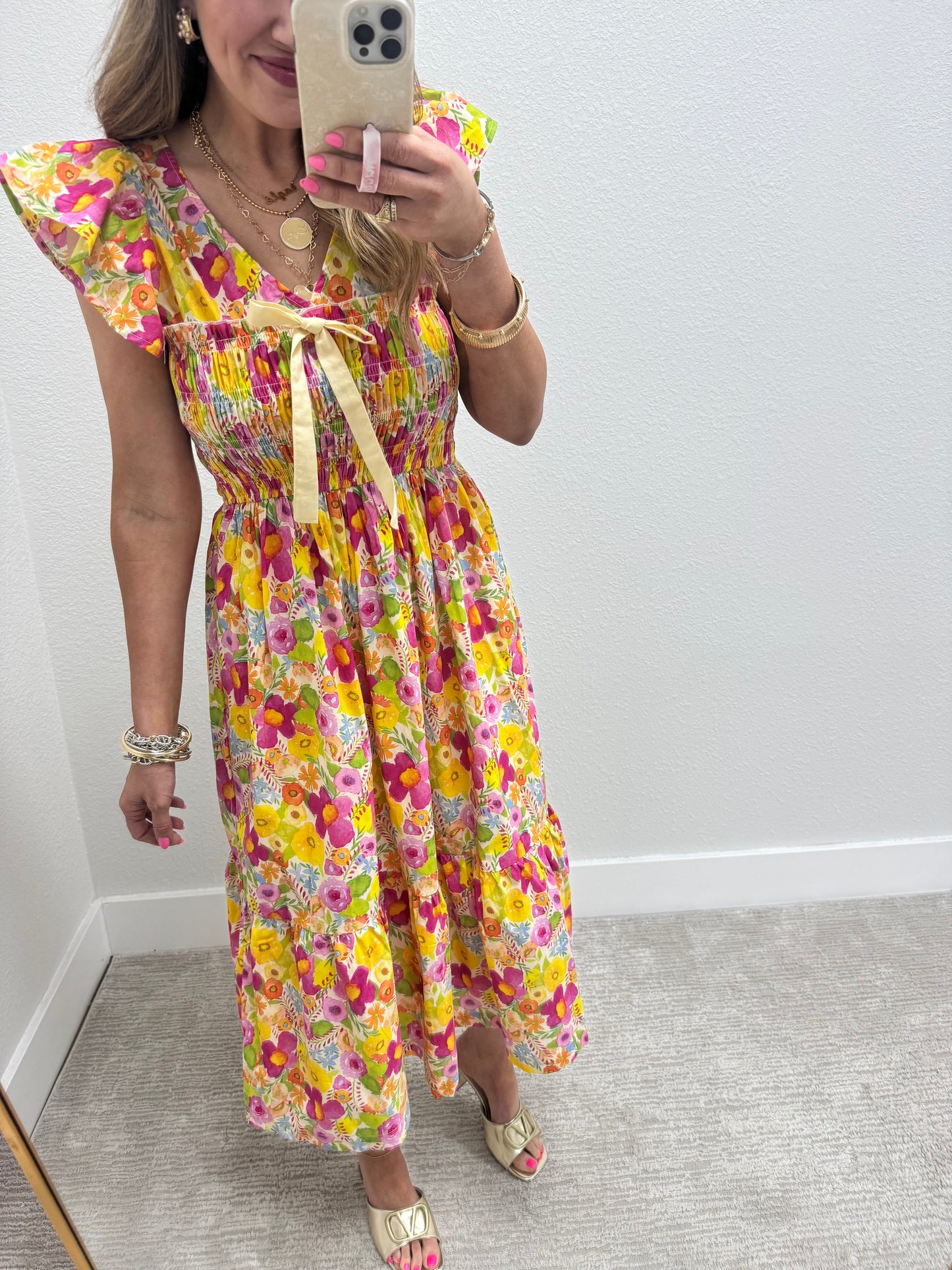 Yellow Mix Smocked Floral Ruffle Midi Dress