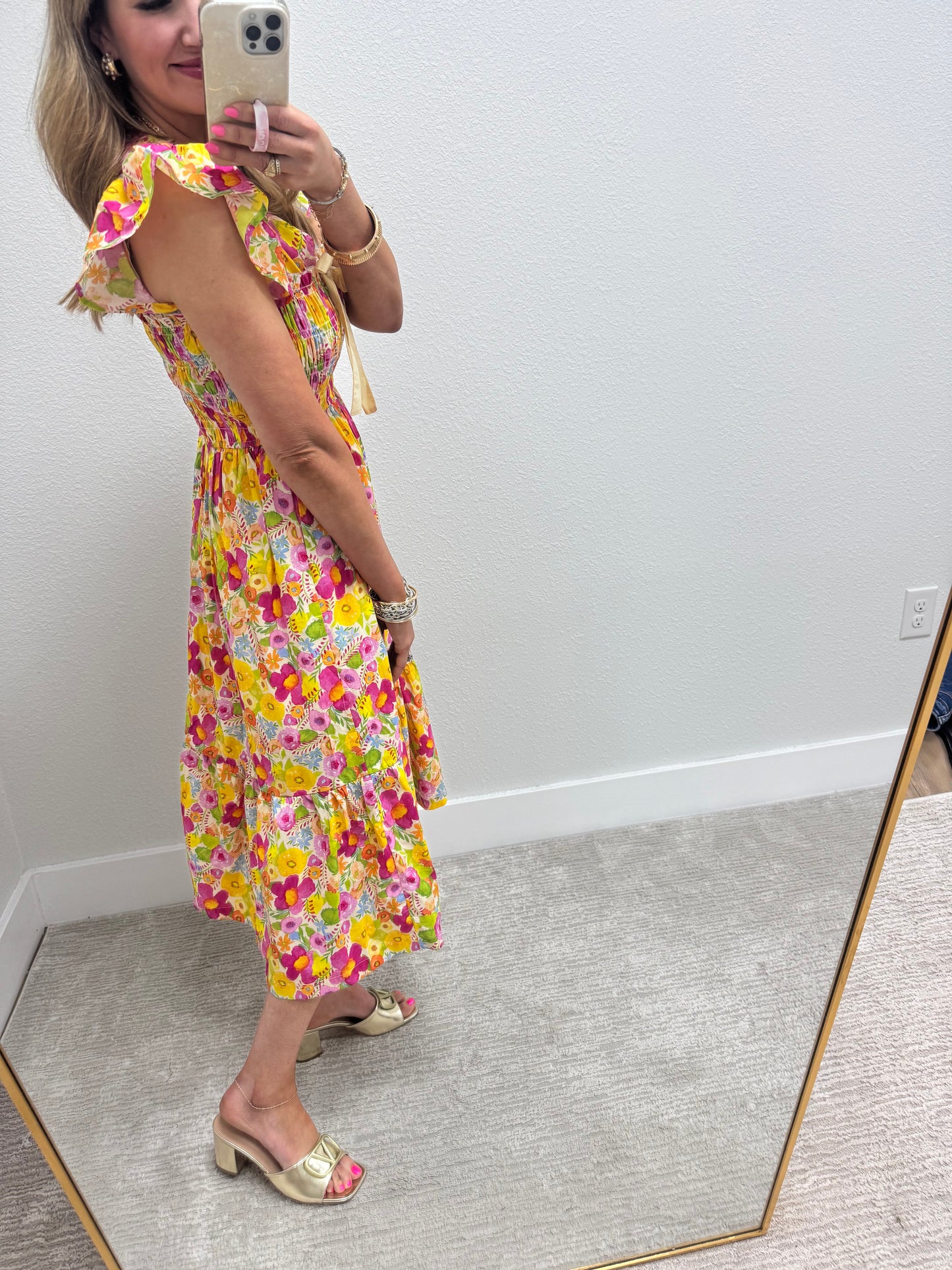 Yellow Mix Smocked Floral Ruffle Midi Dress