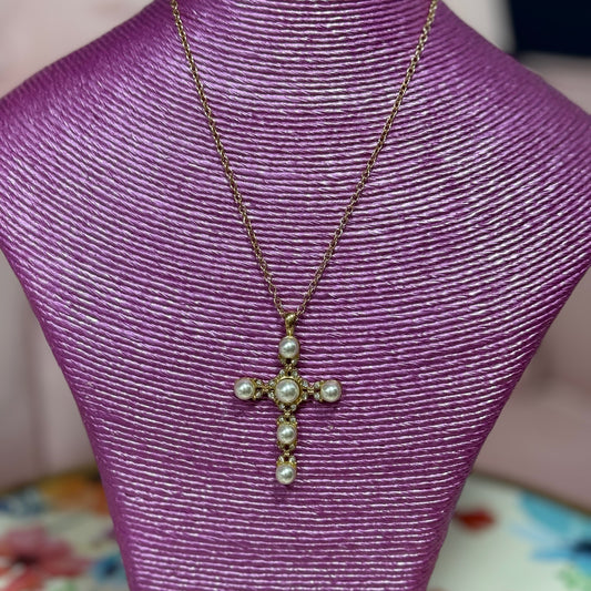 Pearl Cross Necklace (Gold and Silver)