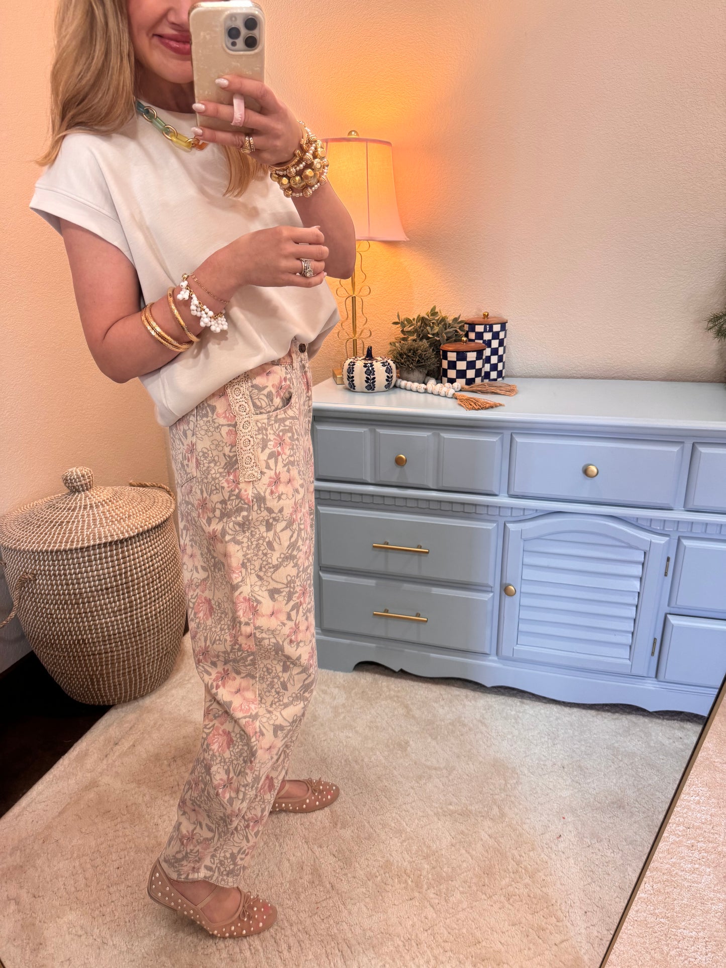Khaki Floral Printed Barrel Jeans