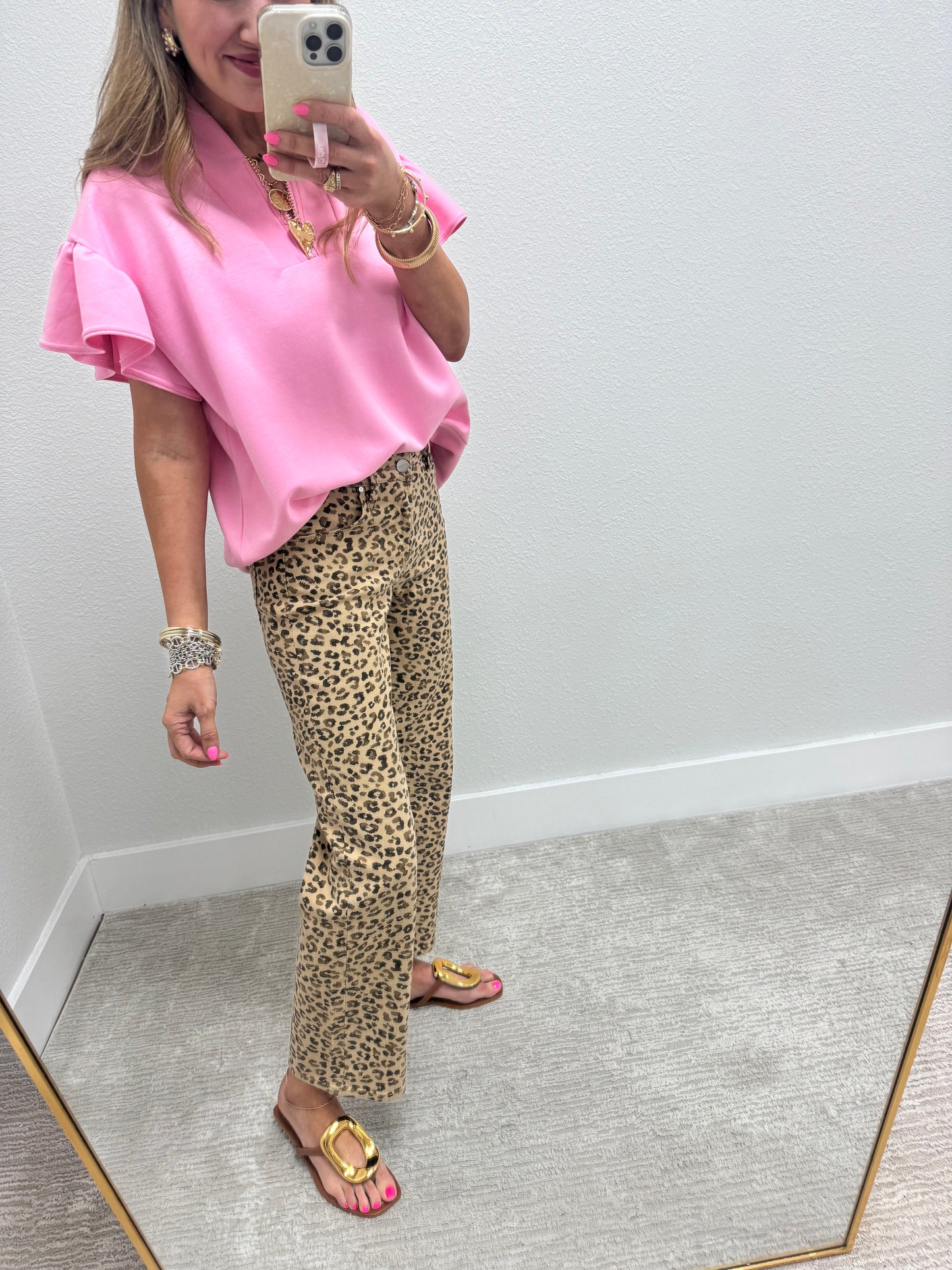 Risen Leopard Mid Rise Ankle Slim Straight Jeans
