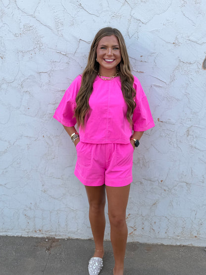 Hot Pink Stitched Two Piece Short Set