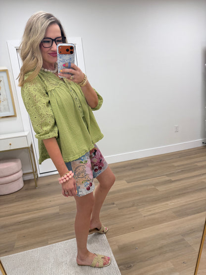 Avocado Crochet Button Up Top