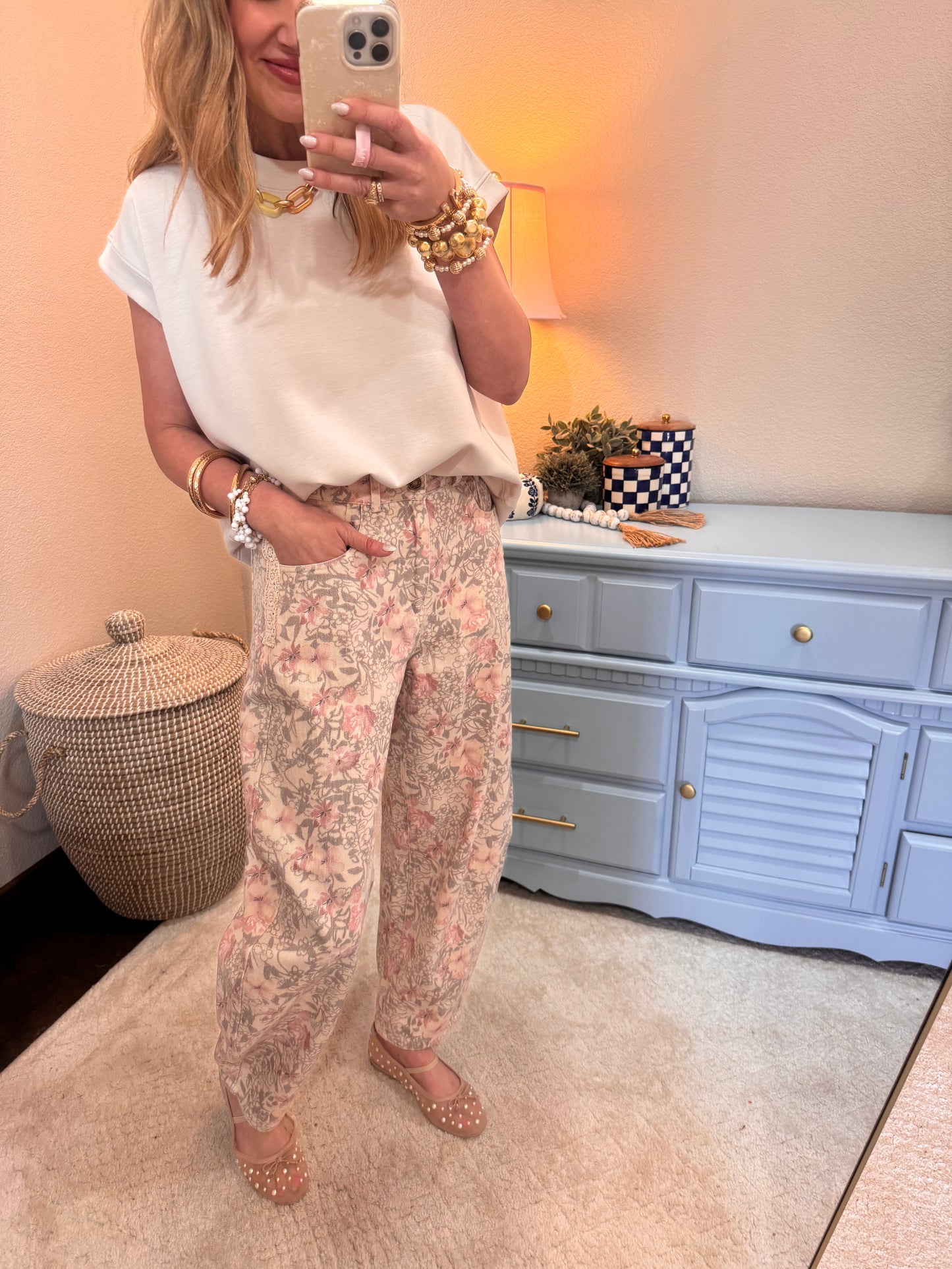 Khaki Floral Printed Barrel Jeans