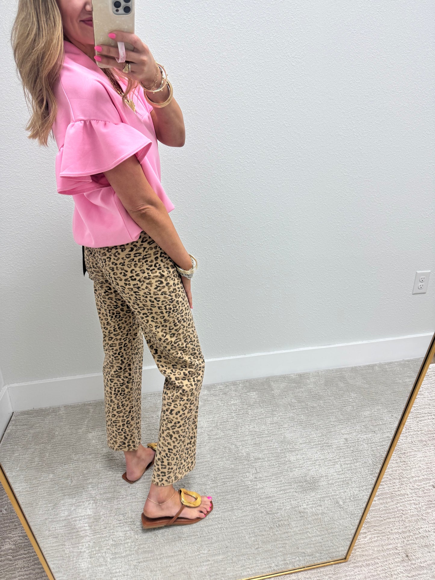 Risen Leopard Mid Rise Ankle Slim Straight Jeans
