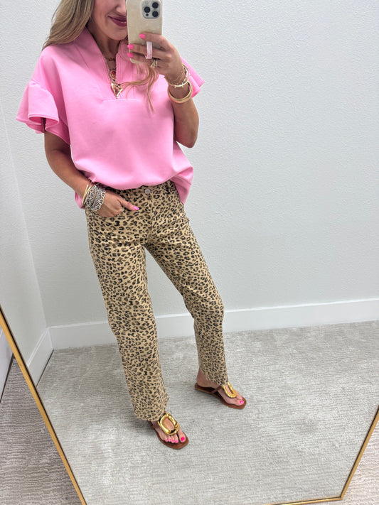 Risen Leopard Mid Rise Ankle Slim Straight Jeans