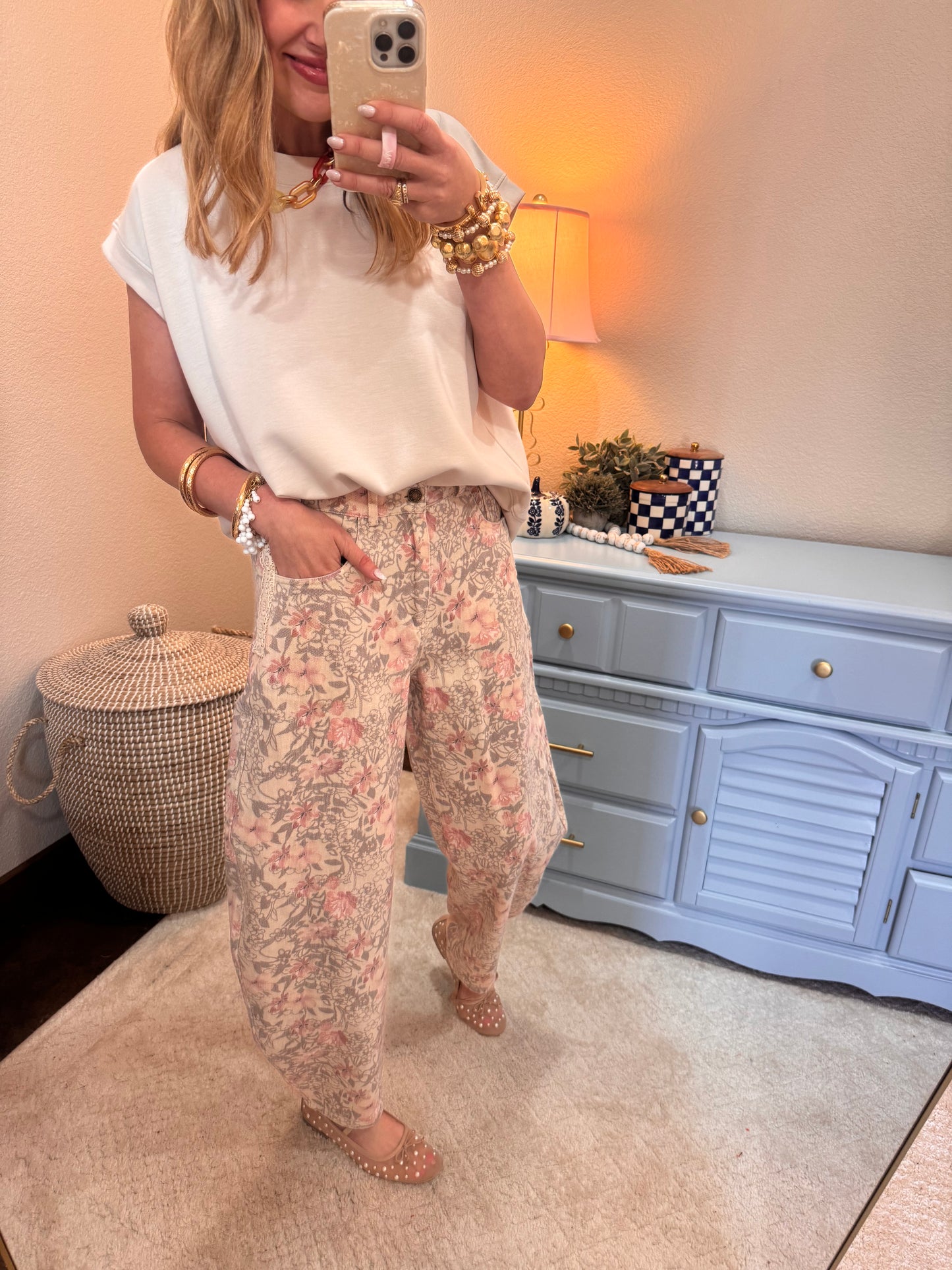 Khaki Floral Printed Barrel Jeans