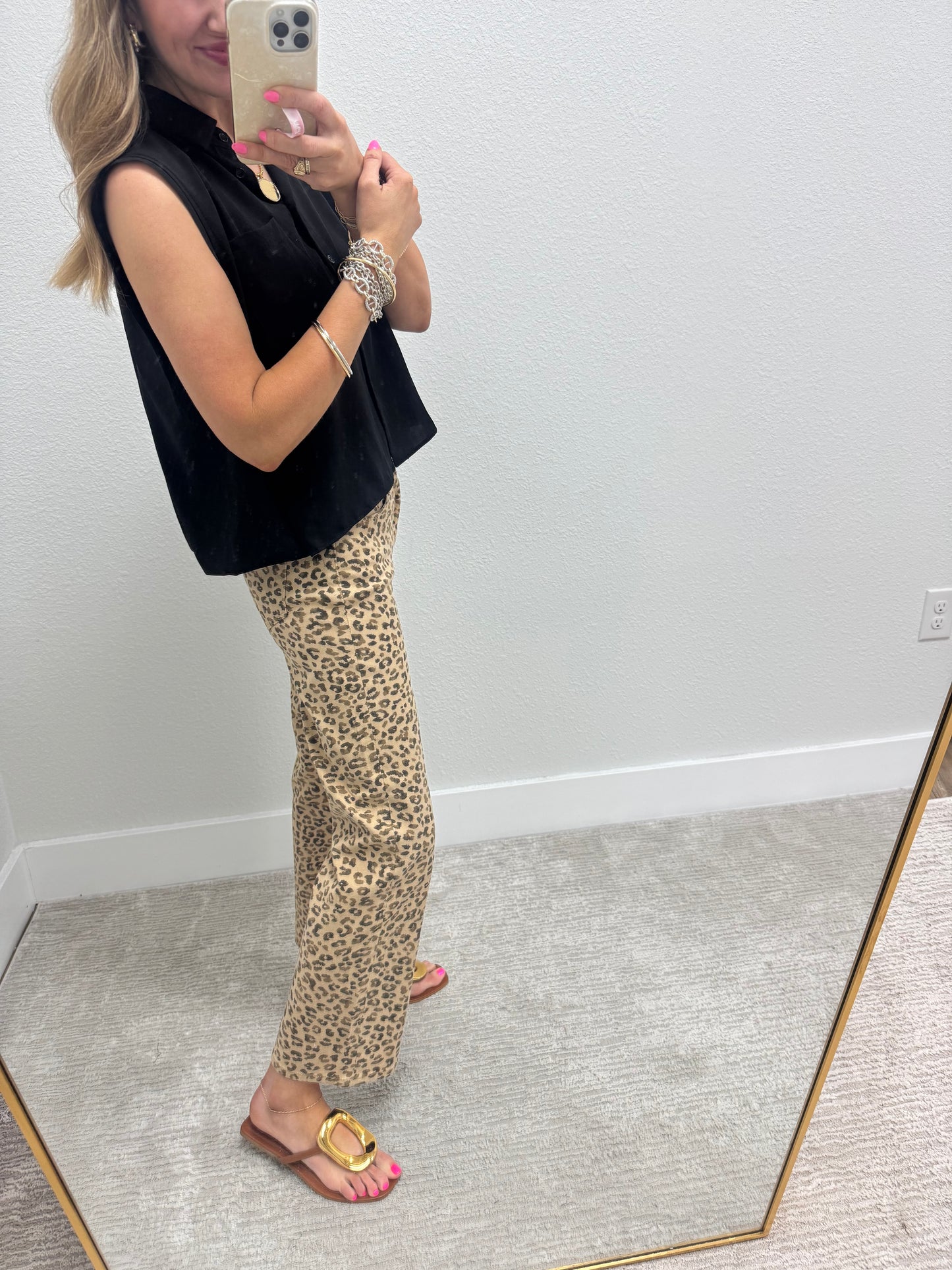 Risen Leopard Mid Rise Ankle Slim Straight Jeans