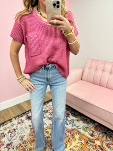 Pink Metallic Short Sleeve Sweater