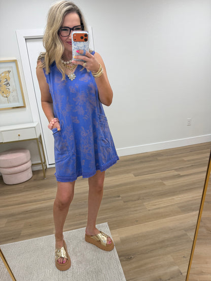 Blue Floral Printed Front Pocket V-Neck Dress