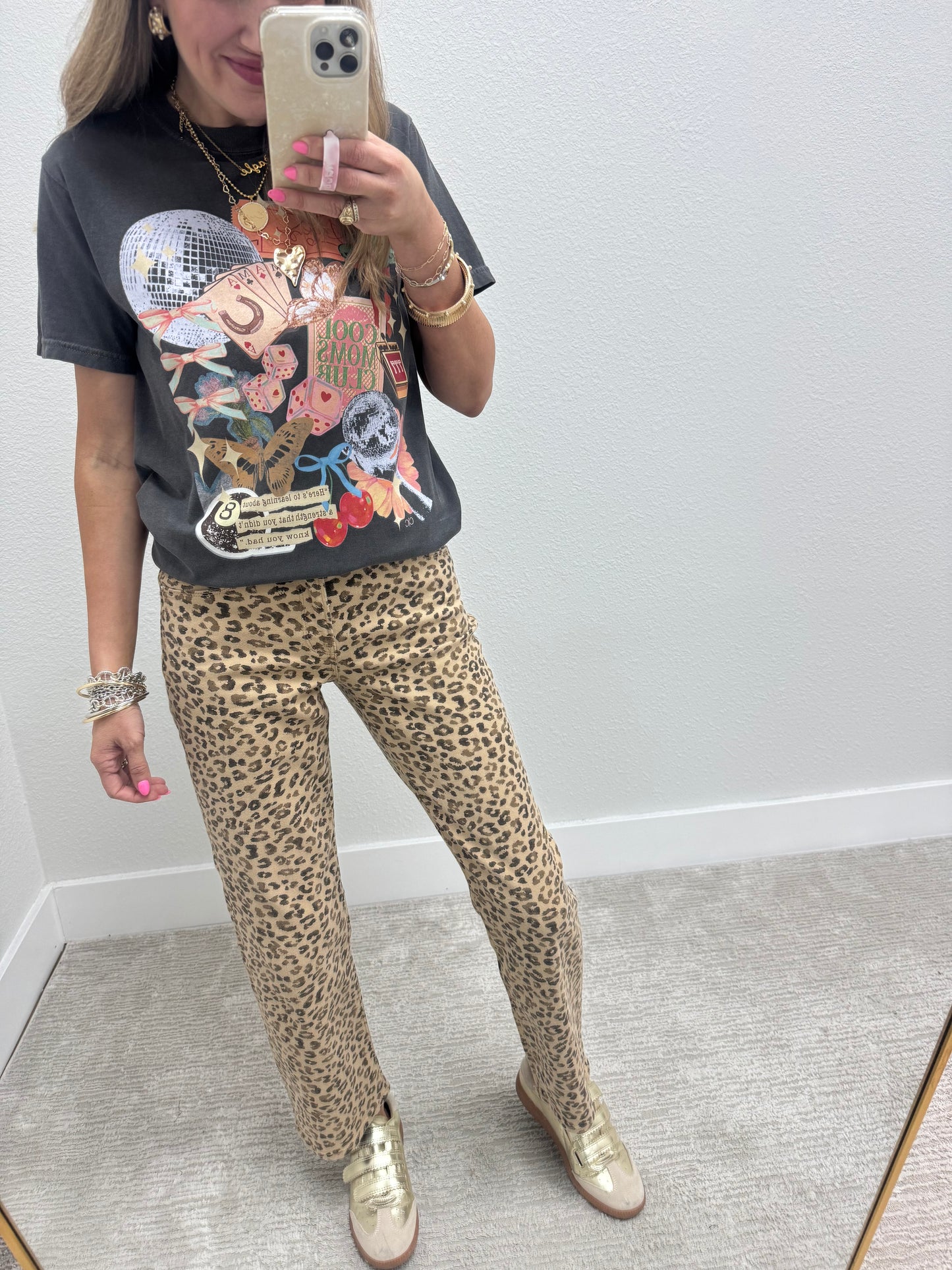 Risen Leopard Mid Rise Ankle Slim Straight Jeans