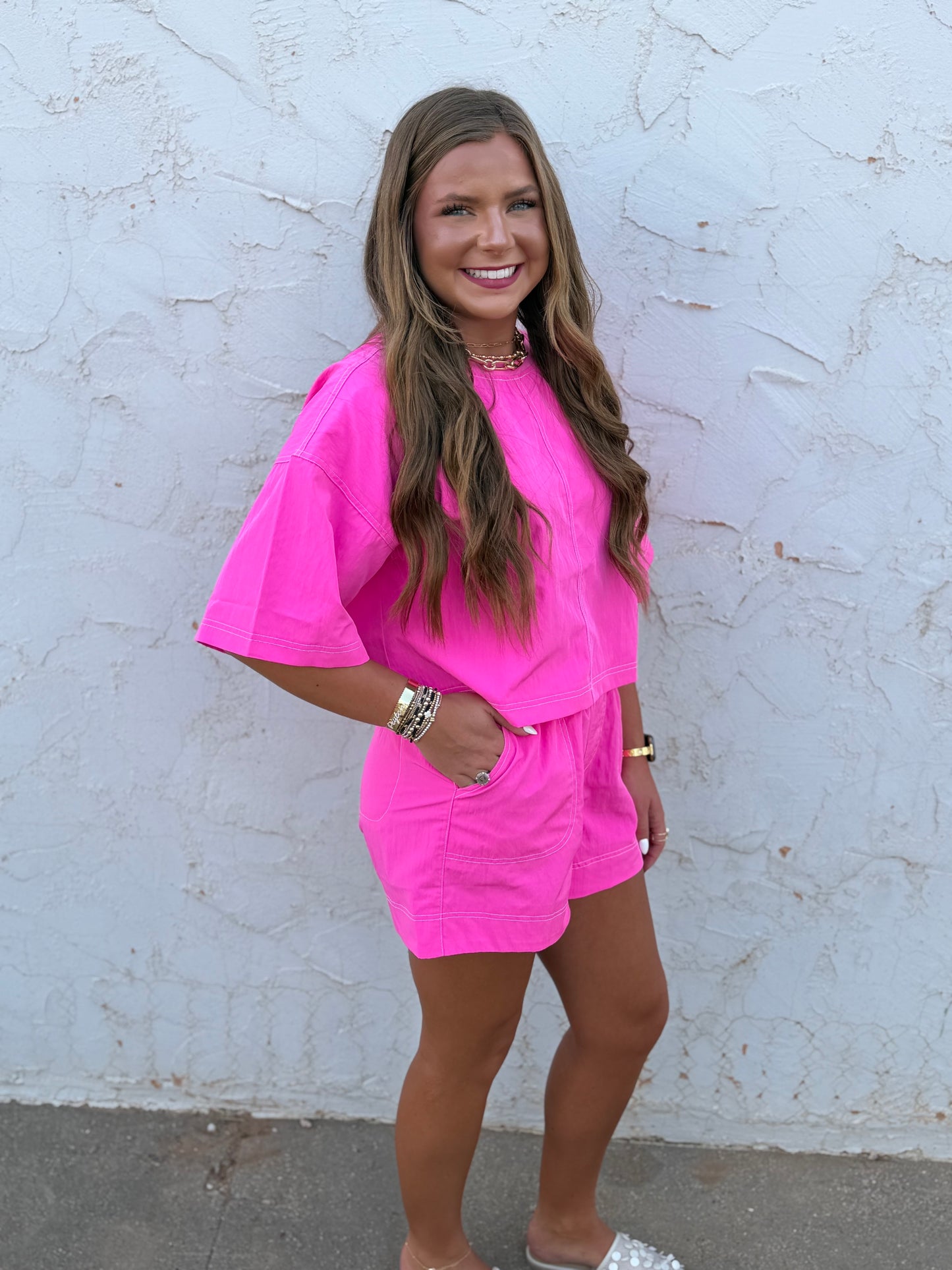 Hot Pink Stitched Two Piece Short Set