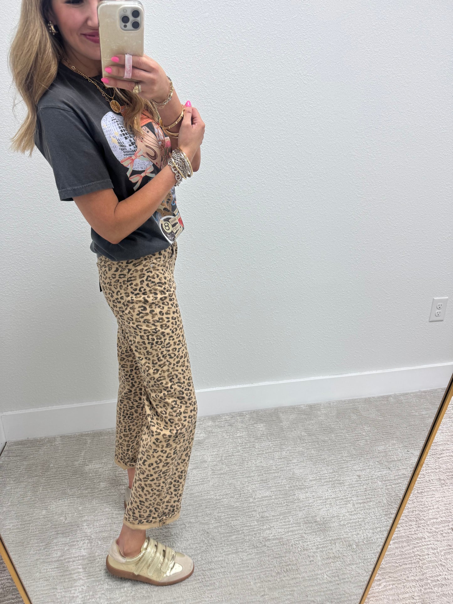 Risen Leopard Mid Rise Ankle Slim Straight Jeans