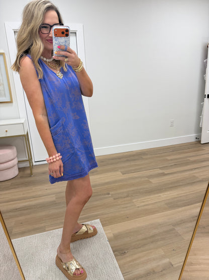 Blue Floral Printed Front Pocket V-Neck Dress