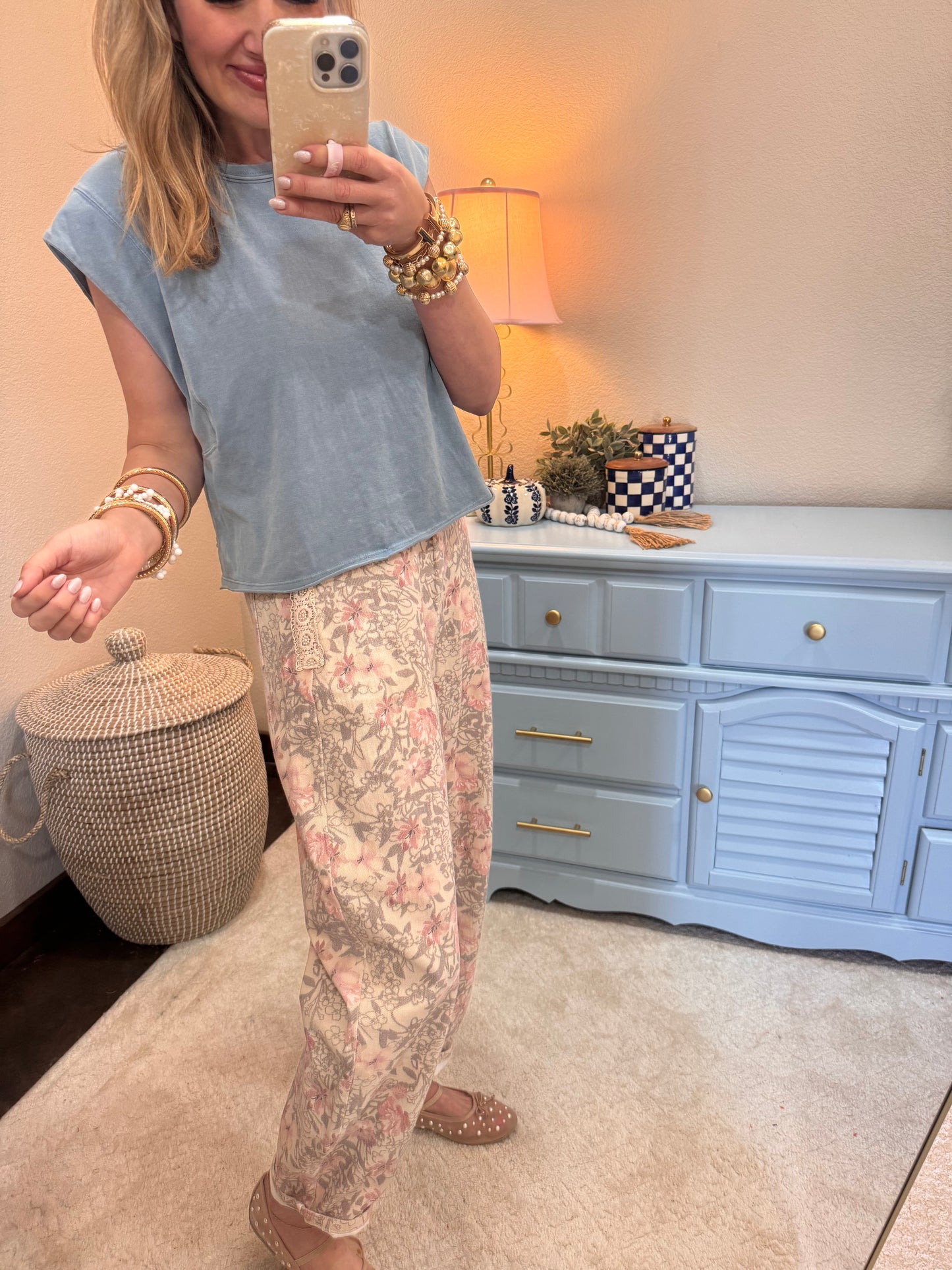 Khaki Floral Printed Barrel Jeans
