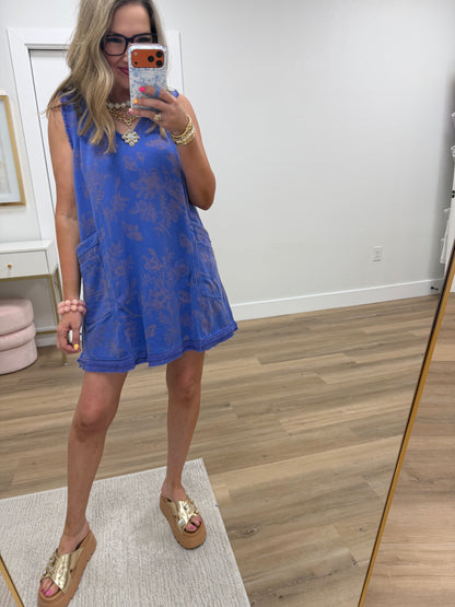 Blue Floral Printed Front Pocket V-Neck Dress