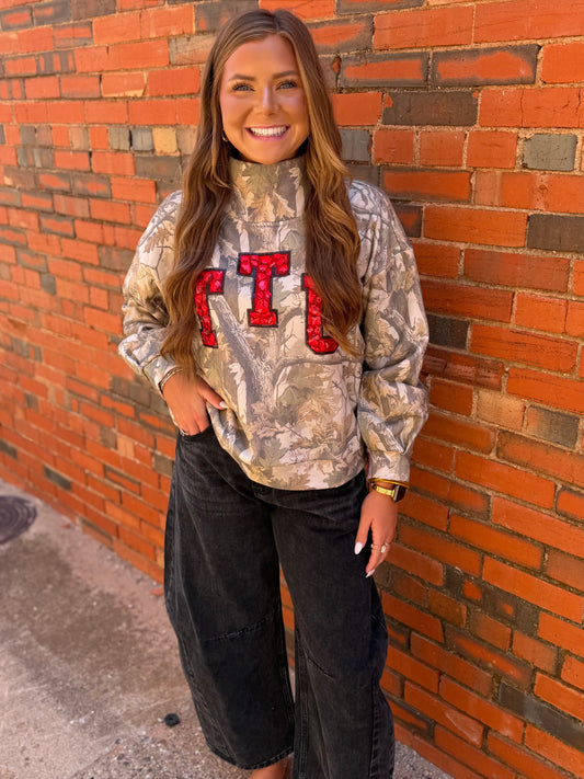 Queen of Sparkles Licensed Texas Tech Camo Mock Neck