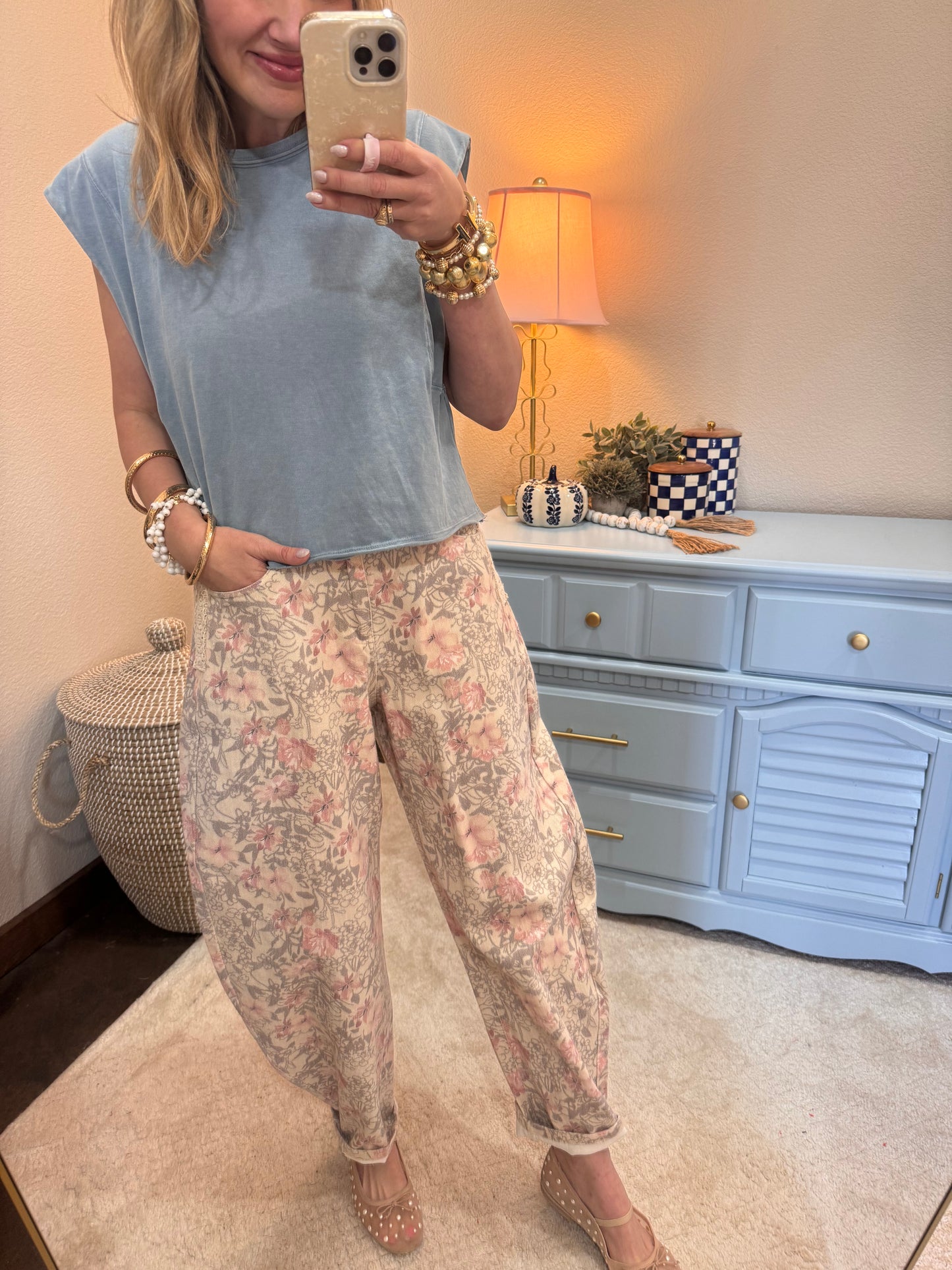 Khaki Floral Printed Barrel Jeans