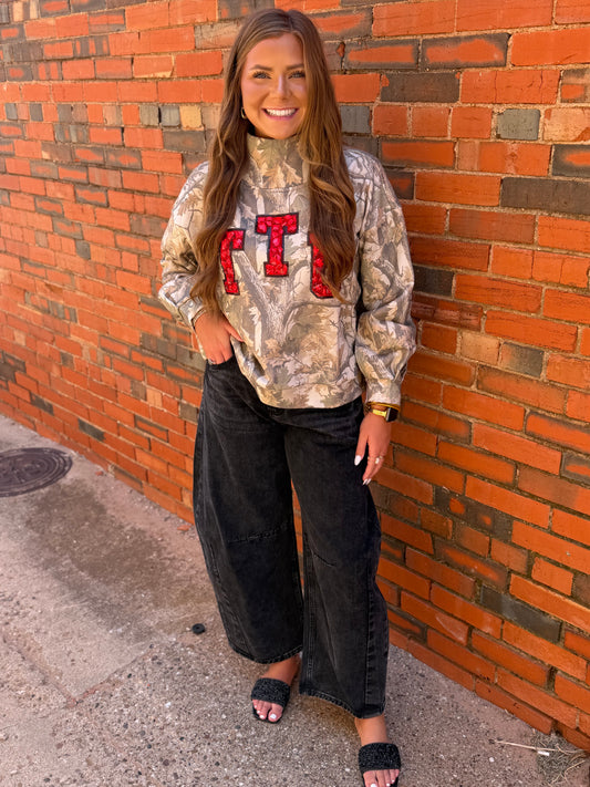 Queen of Sparkles Licensed Texas Tech Camo Mock Neck