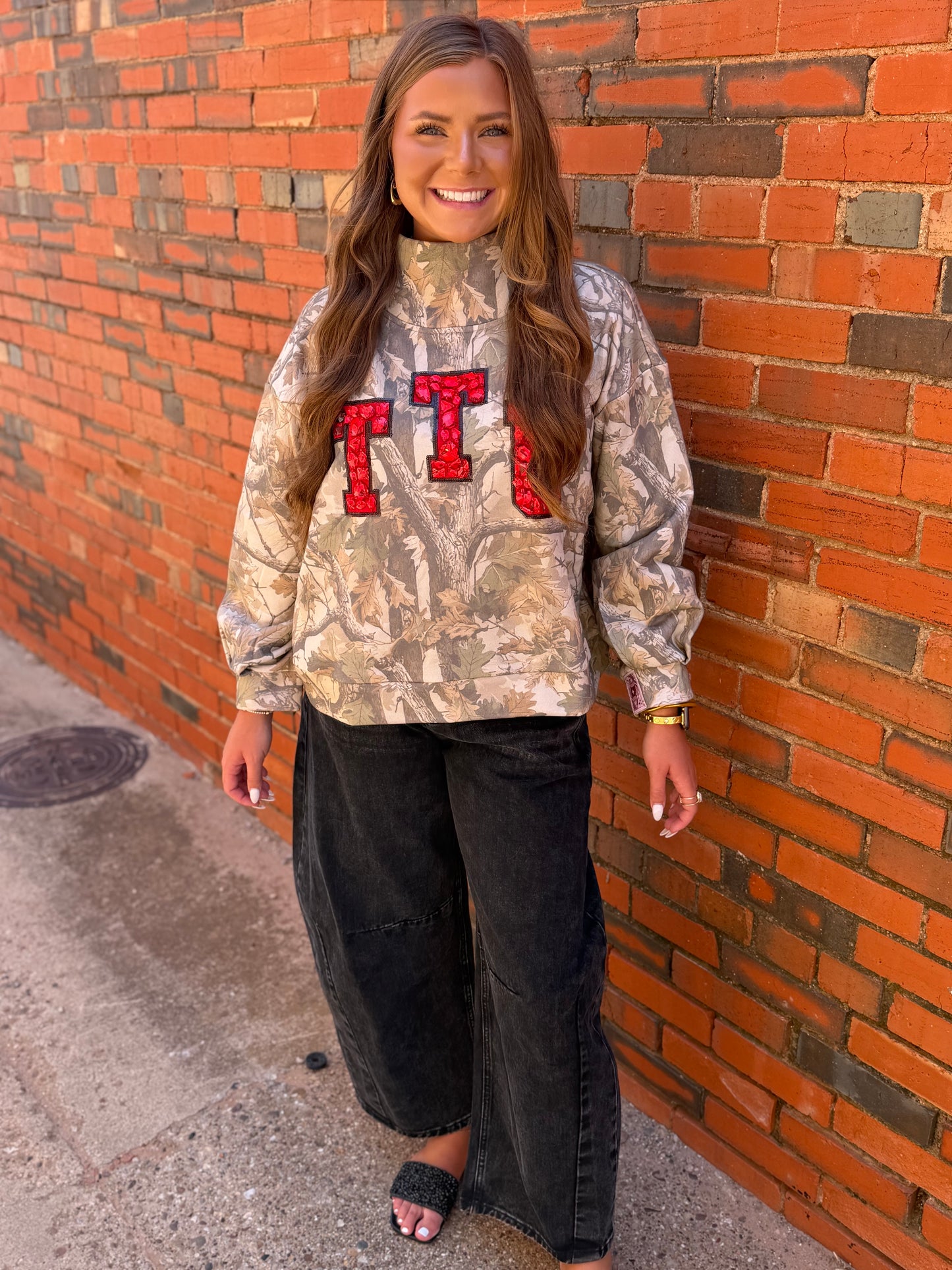 Queen of Sparkles Licensed Texas Tech Camo Mock Neck