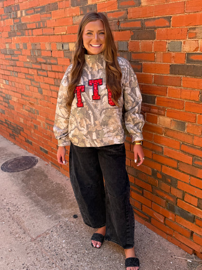 Queen of Sparkles Licensed Texas Tech Camo Mock Neck