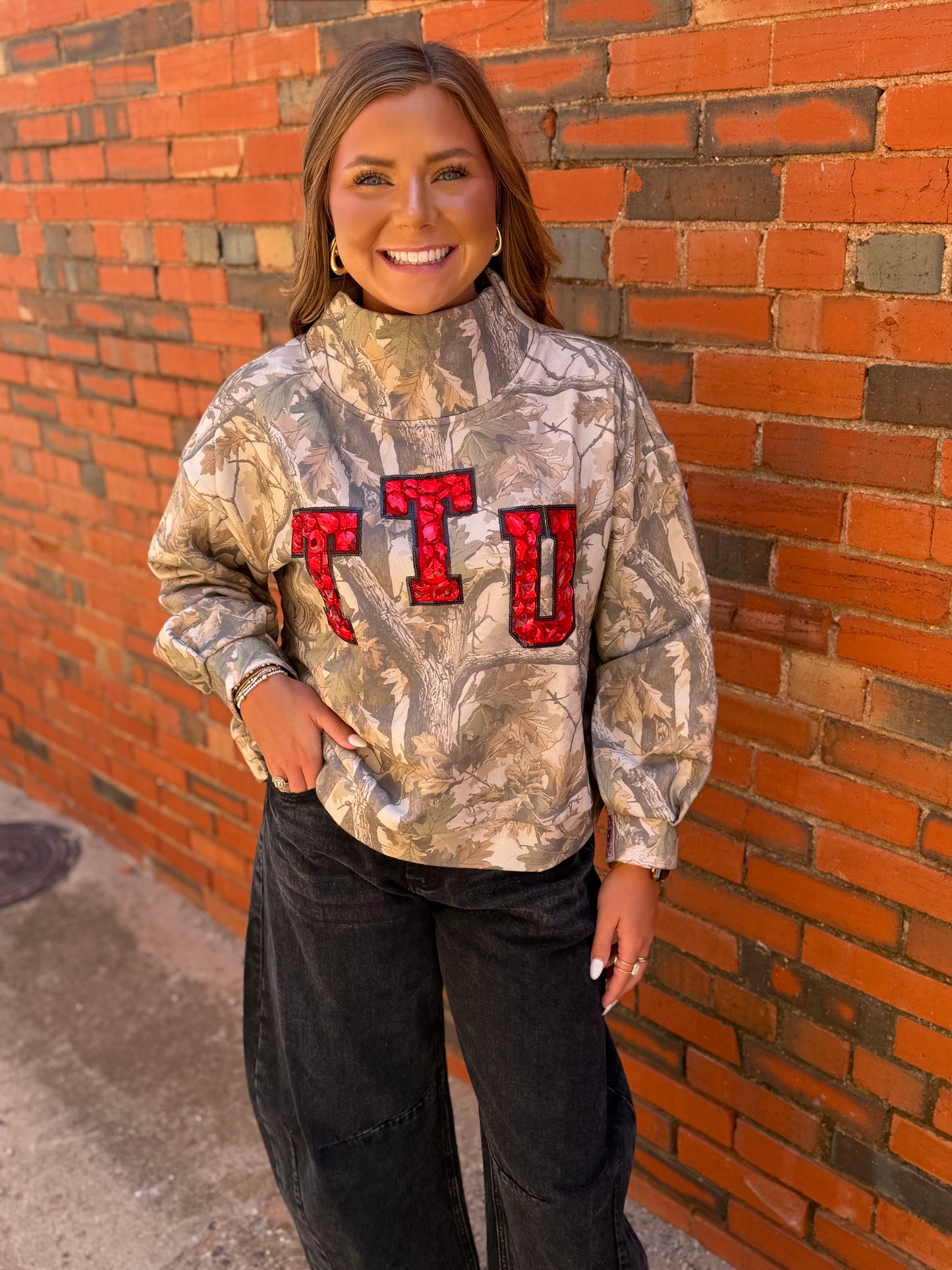 Queen of Sparkles Licensed Texas Tech Camo Mock Neck