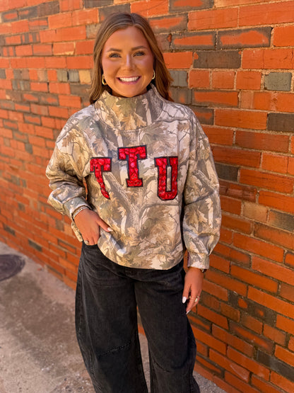 Queen of Sparkles Licensed Texas Tech Camo Mock Neck