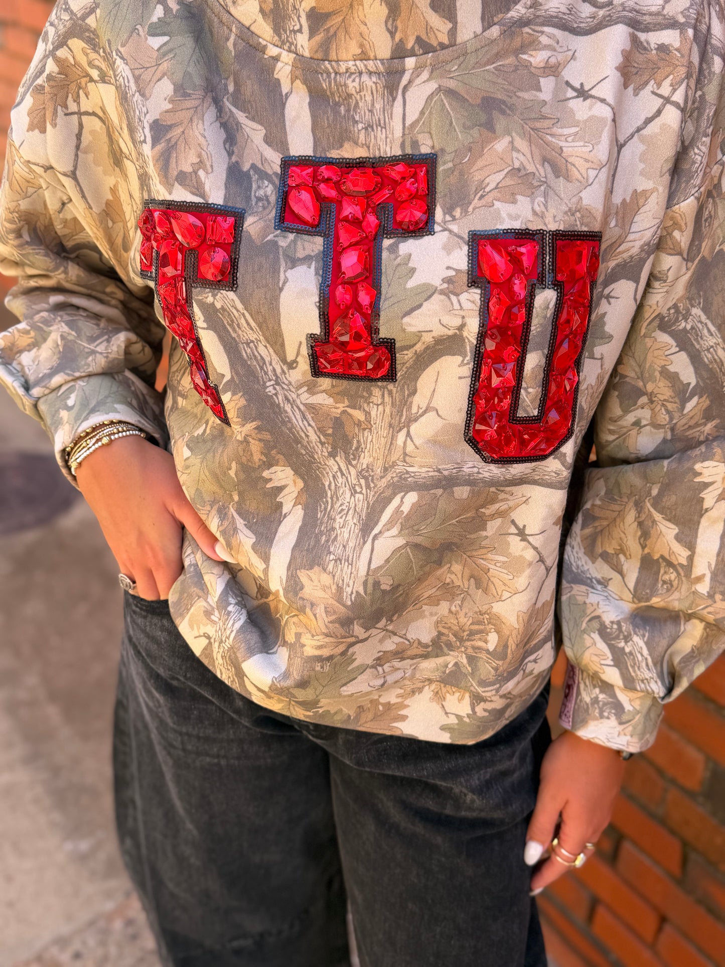 Queen of Sparkles Licensed Texas Tech Camo Mock Neck