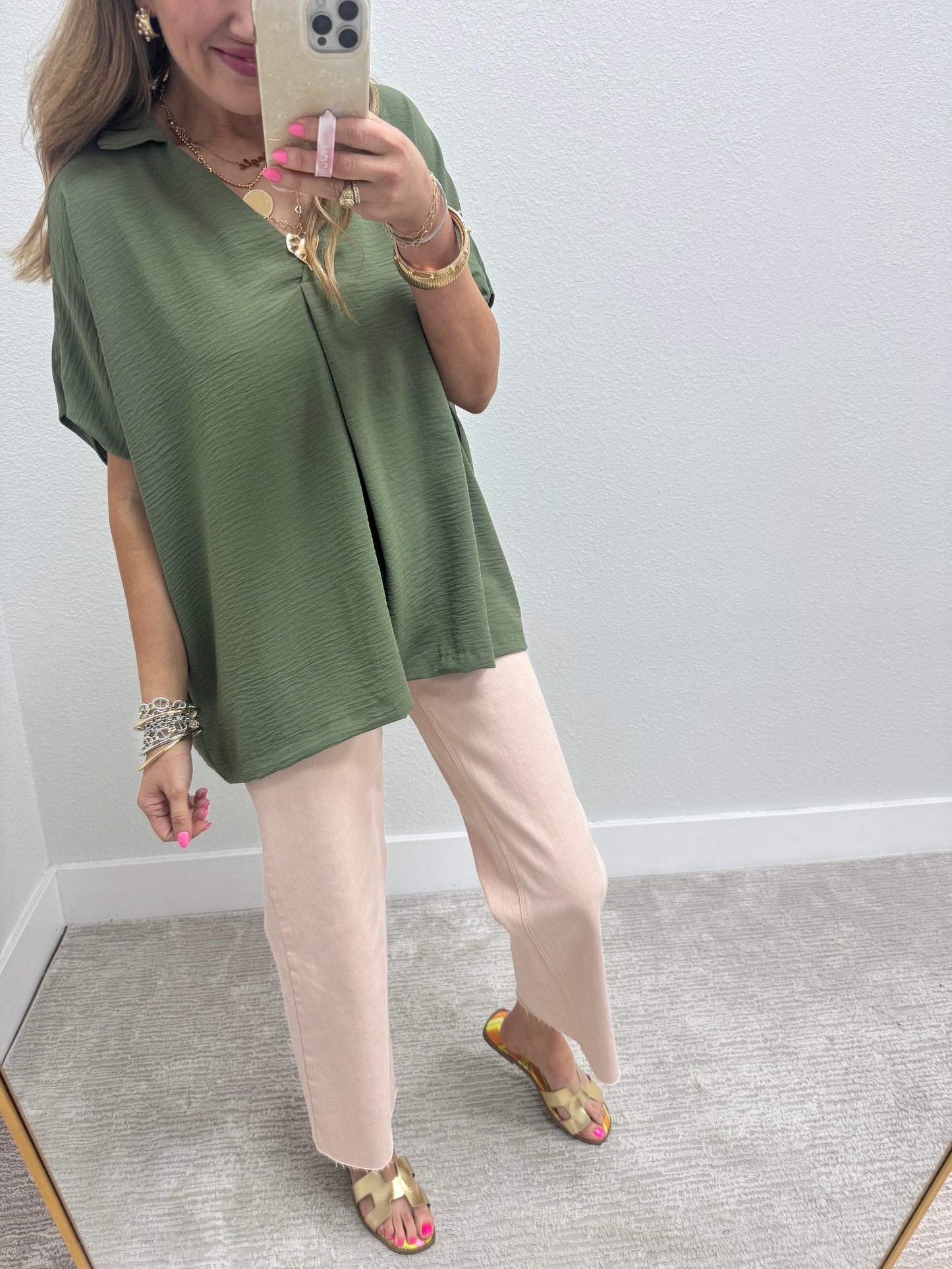 Olive Collared Vneck Dolman Sleeve Top