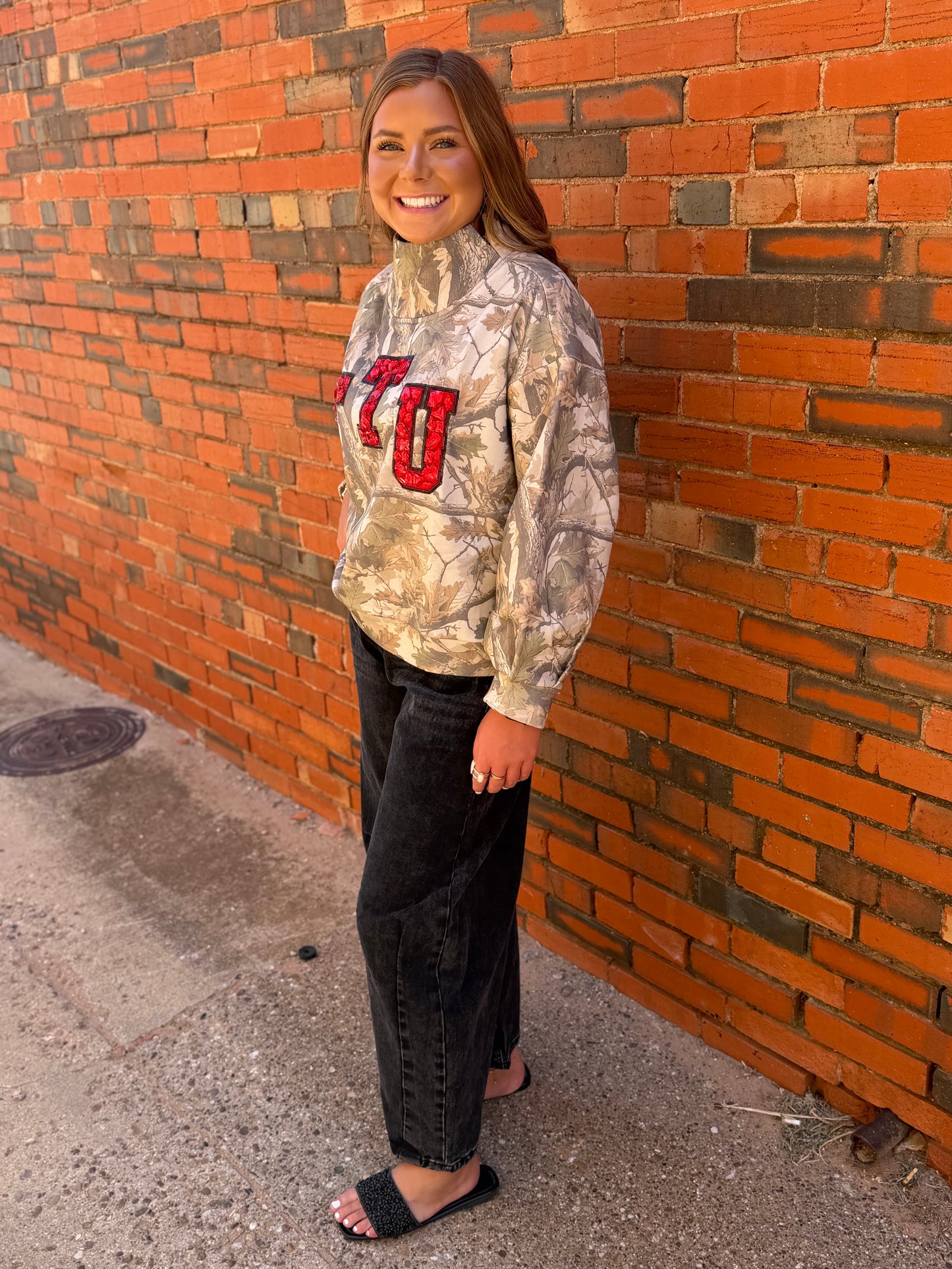 Queen of Sparkles Licensed Texas Tech Camo Mock Neck