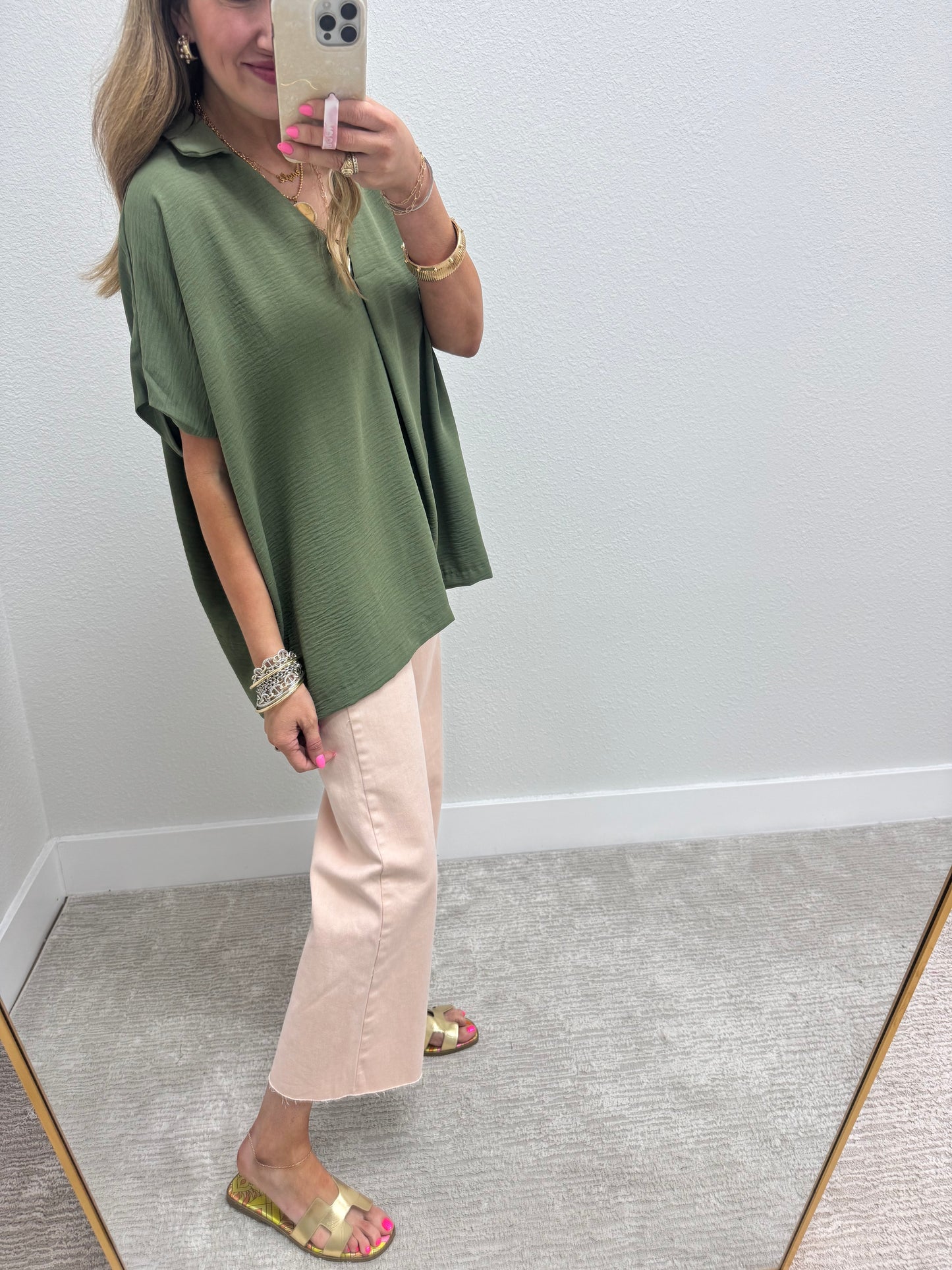 Olive Collared Vneck Dolman Sleeve Top