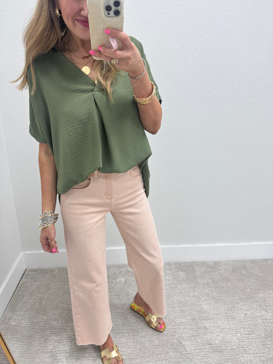Olive Collared Vneck Dolman Sleeve Top
