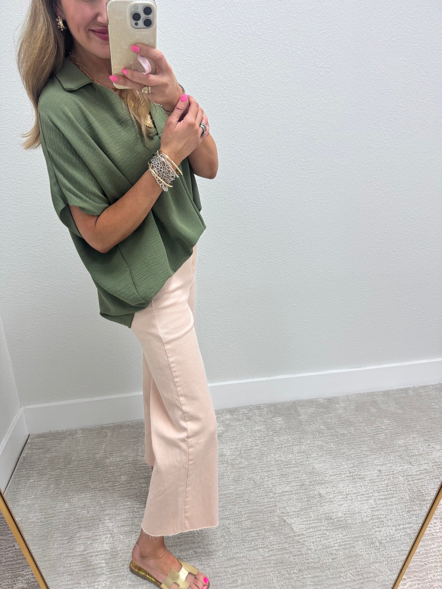 Olive Collared Vneck Dolman Sleeve Top