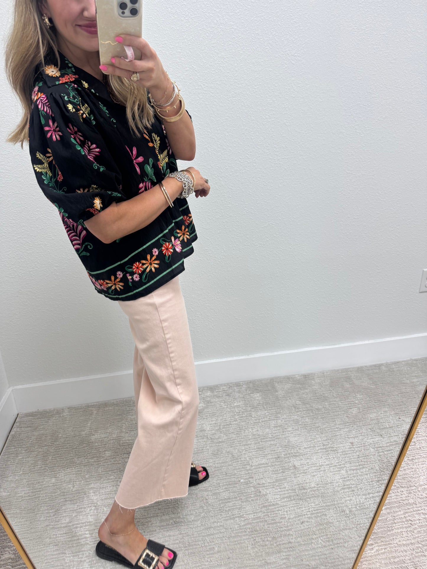 Black Printed Button Front Top